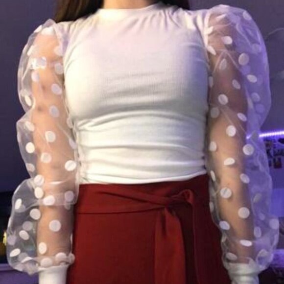 Polka Dot Sheer Sleeve Fitted Top white - Picture 7 of 9